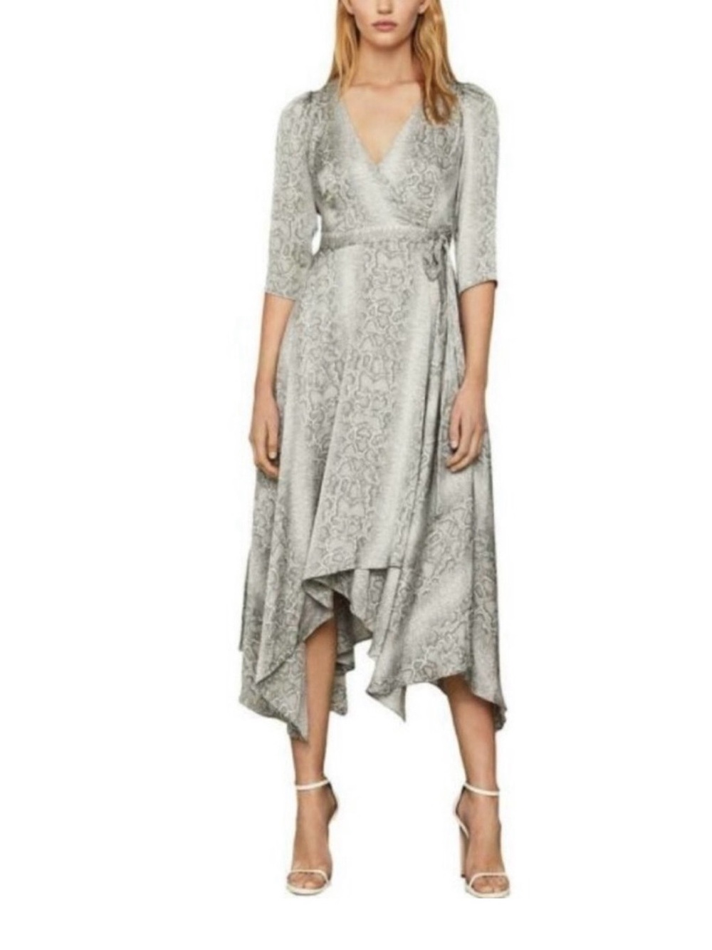 BCBGMAXAZRIA Grey Python Snake Print Wrap Dress
Asymmetric Hi-Low Midi S